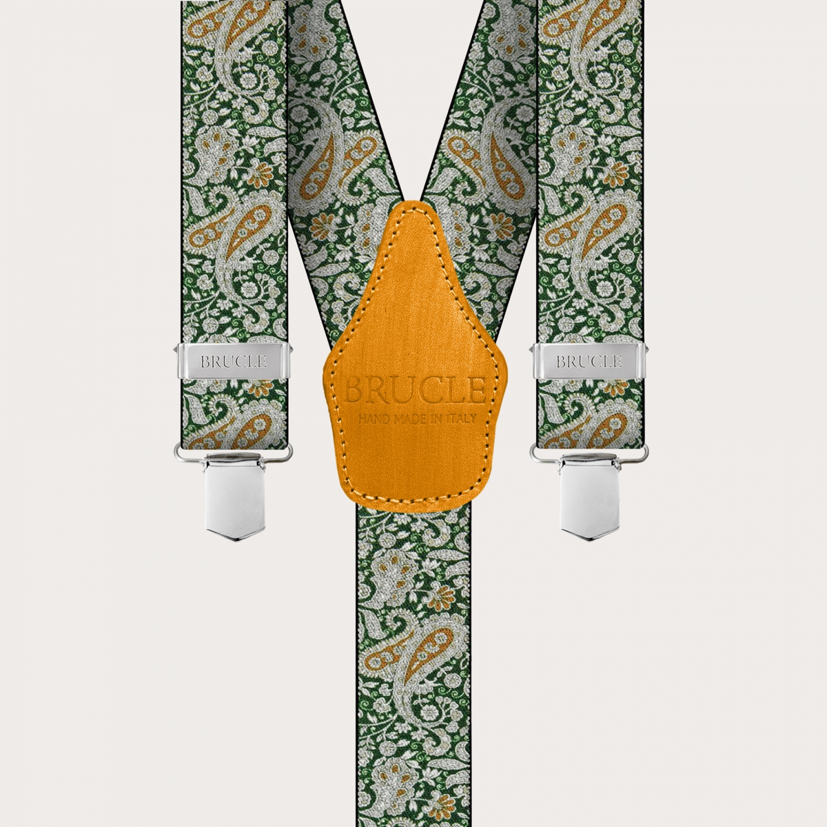 BRUCLE Suspenders with clips in green and gold cashmere pattern