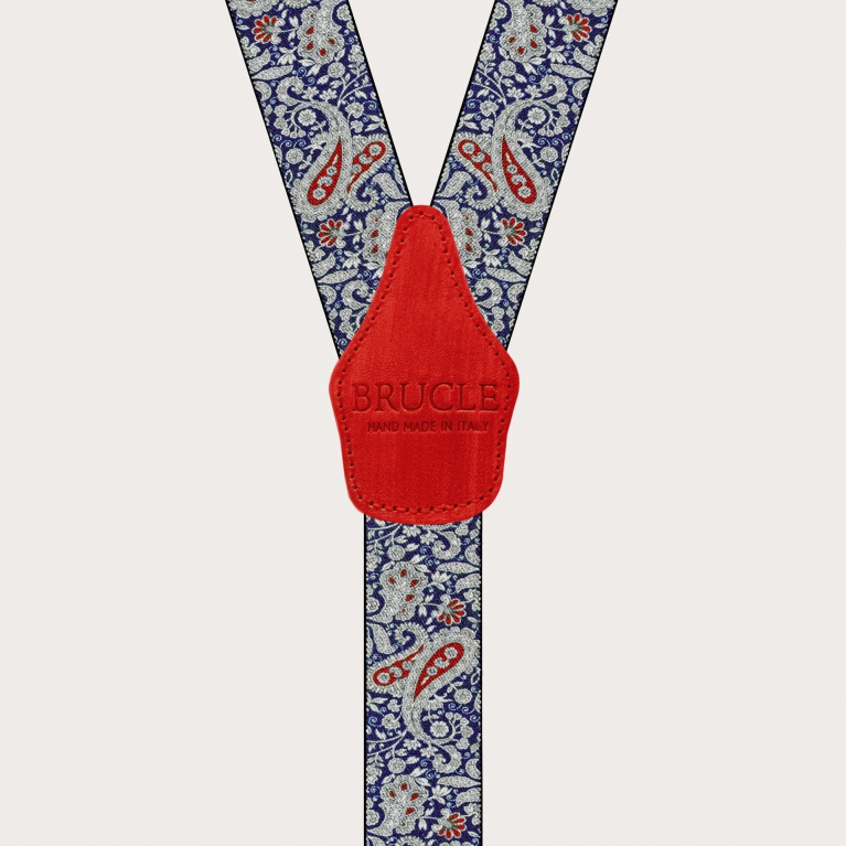 Suspenders with clips in blue and red paisley pattern
