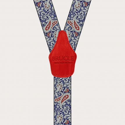 Suspenders with clips in blue and red paisley pattern