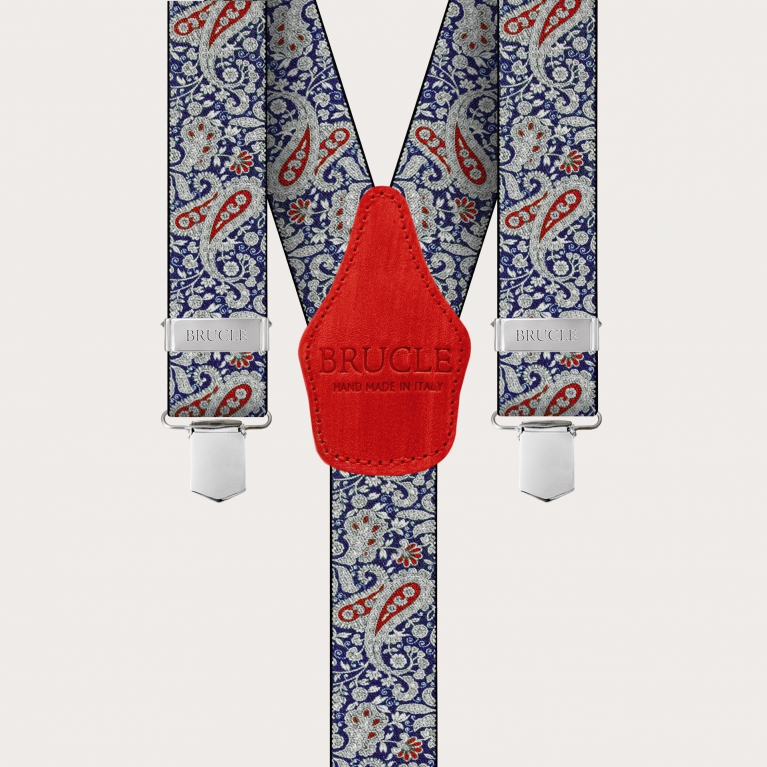 Hosenträger mit Clips in blaues und rotes Paisleymuster