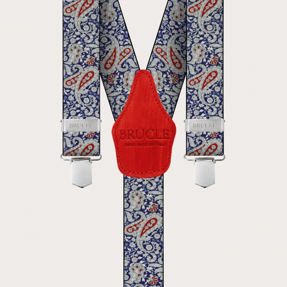 BRUCLE Hosenträger mit Clips in blaues und rotes Kaschmirmuster