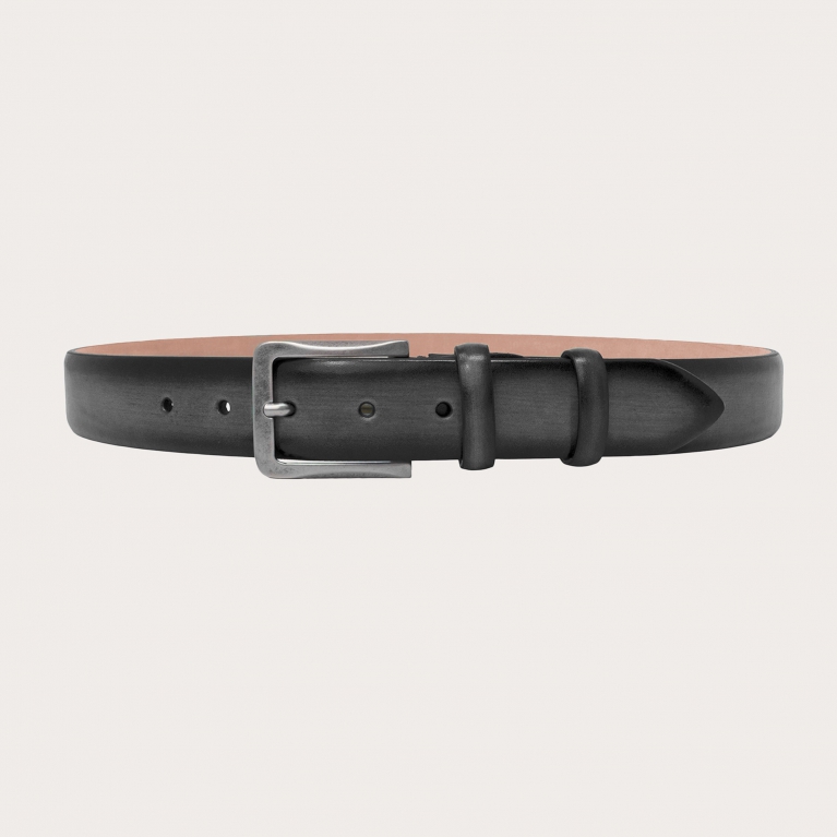 Elegant classic belt in hand-buffed and hand-shaded leather, black grey