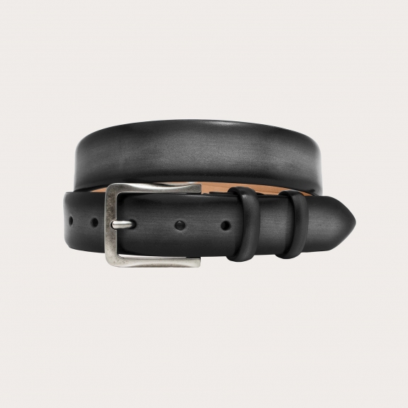 Elegant classic belt in hand-buffed and hand-shaded leather, black grey