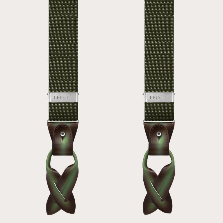 Suspenders dot green forest silk with hand colored leather