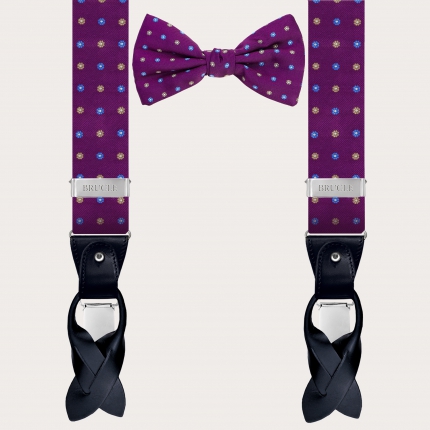 Coordinated suspenders and bowtie in jacquard silk, purple floral pattern