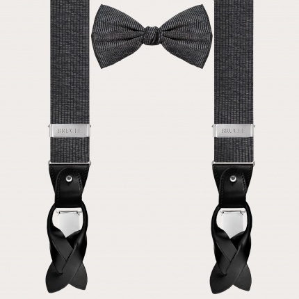 Suspenders and bow tie set in bright black and silver melange silk