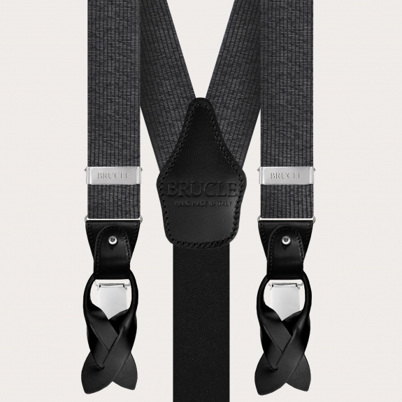 BRUCLE Suspenders and bow tie set in bright black and silver melange silk
