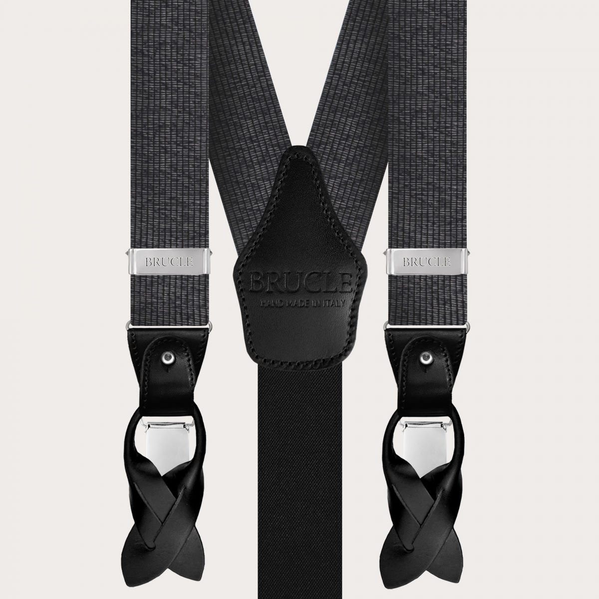 BRUCLE Hosenträger und Fliege im Set aus hellschwarzer und silbermelierter Seide