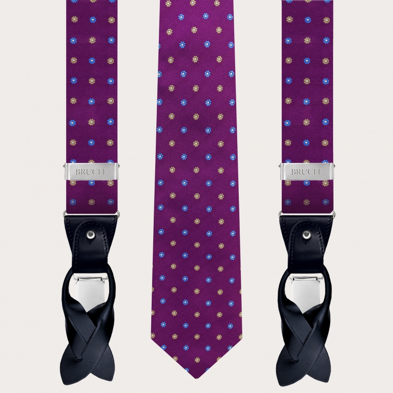 Matching suspenders and necktie in purple floral silk
