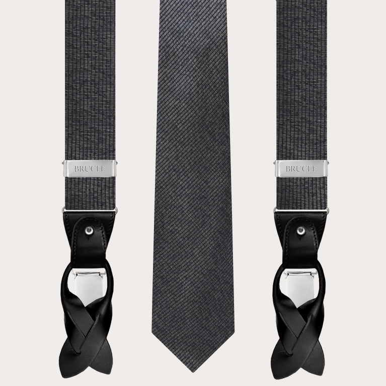 Conjunto de tirantes y corbata en seda melange negra brillante y plateada