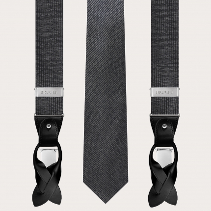 Suspenders and necktie set in bright black and silver melange silk