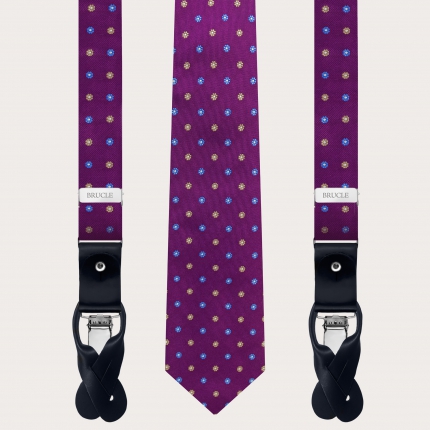 Coordinated skinny suspenders and necktie purple floral patterned silk jacquard