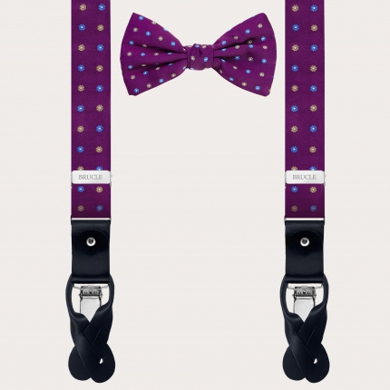Coordinated skinny suspenders and bowtie in jacquard silk, purple floral pattern