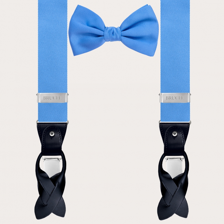 Matching suspenders and bow tie in silk, blue sky