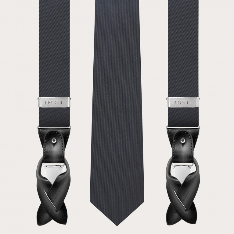 Set bretelle e cravatta in seta grigio antracite