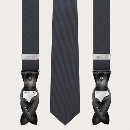 Suspenders and necktie set in charcoal grey silk