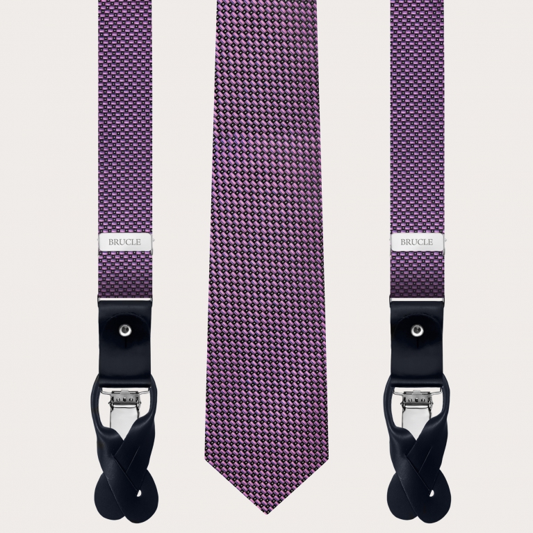 Coordinato bretelle strette e cravatta in seta jacquard, rosa fantasia puntaspillo