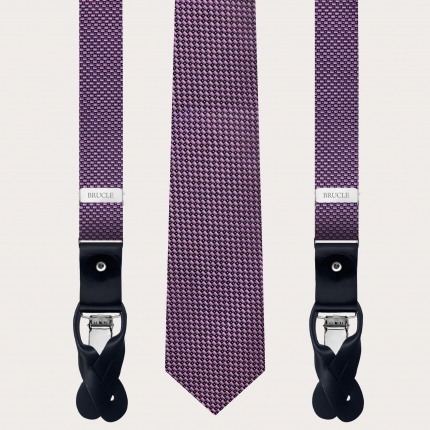 Coordinated set of skinny suspenders and necktie in jacquard silk, dot pink