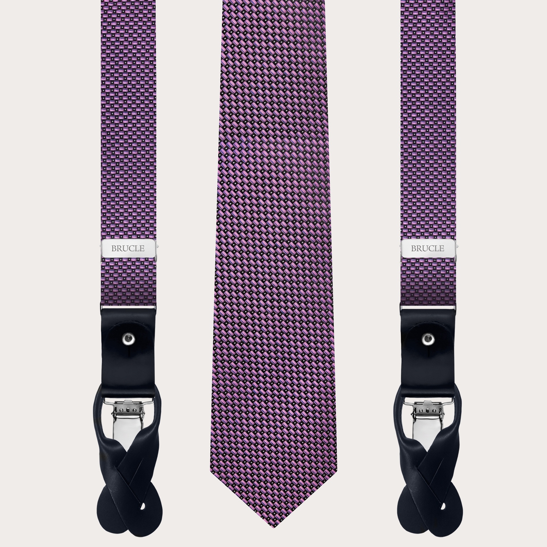 Coordinated set of skinny suspenders and necktie in jacquard silk, dot pink