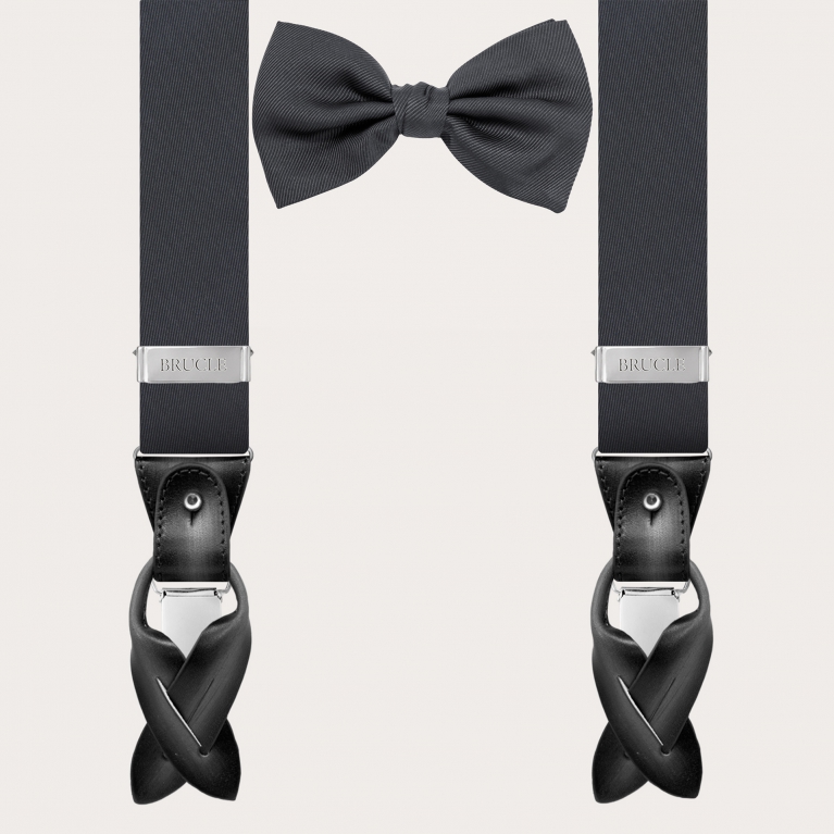 Suspenders and bow tie set in charcoal grey silk