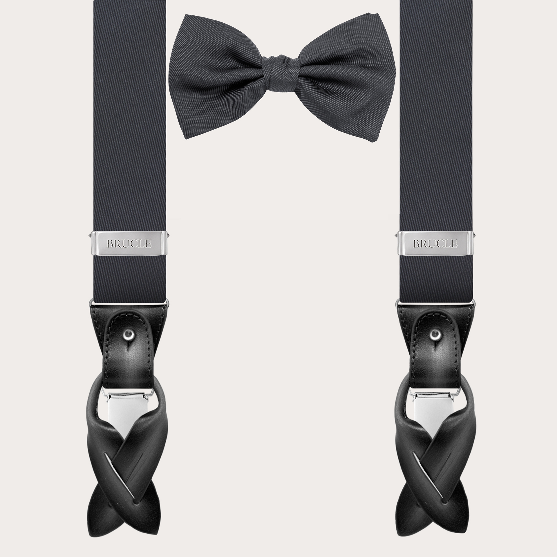 BRUCLE Suspenders and bow tie set in charcoal grey silk