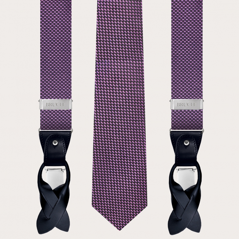 Coordinated set of suspenders and necktie in jacquard silk, dot pink
