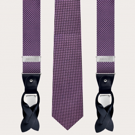 Coordinato bretelle larghe e cravatta in seta jacquard, rosa fantasia puntaspillo