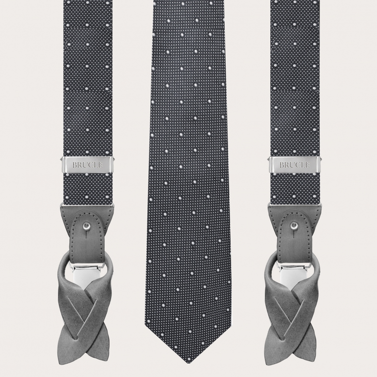 Suspenders and necktie set in grey dotted silk