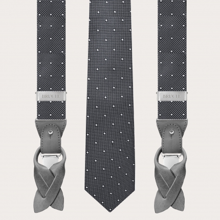 Conjunto de tirantes y corbata en seda de lunares gris