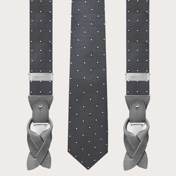 BRUCLE Ensemble bretelles et cravate en soie à pois gris