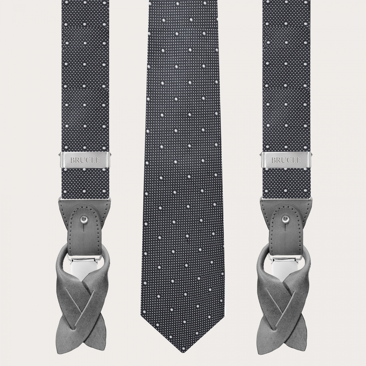 BRUCLE Hosenträger und Krawatte aus grau gepunkteter Seide
