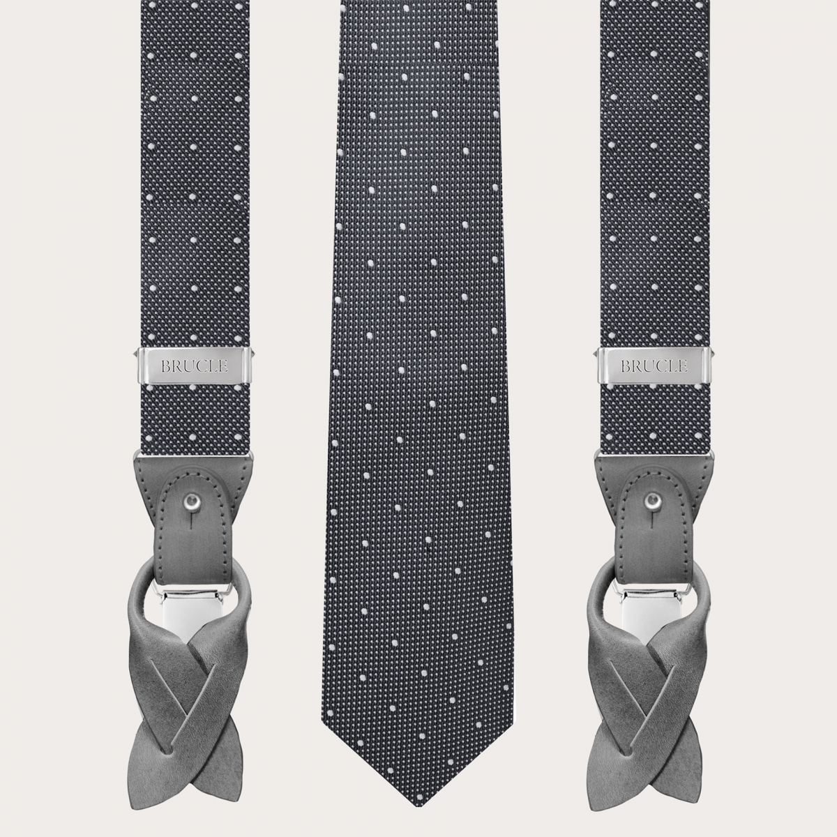 BRUCLE Suspenders and necktie set in grey dotted silk