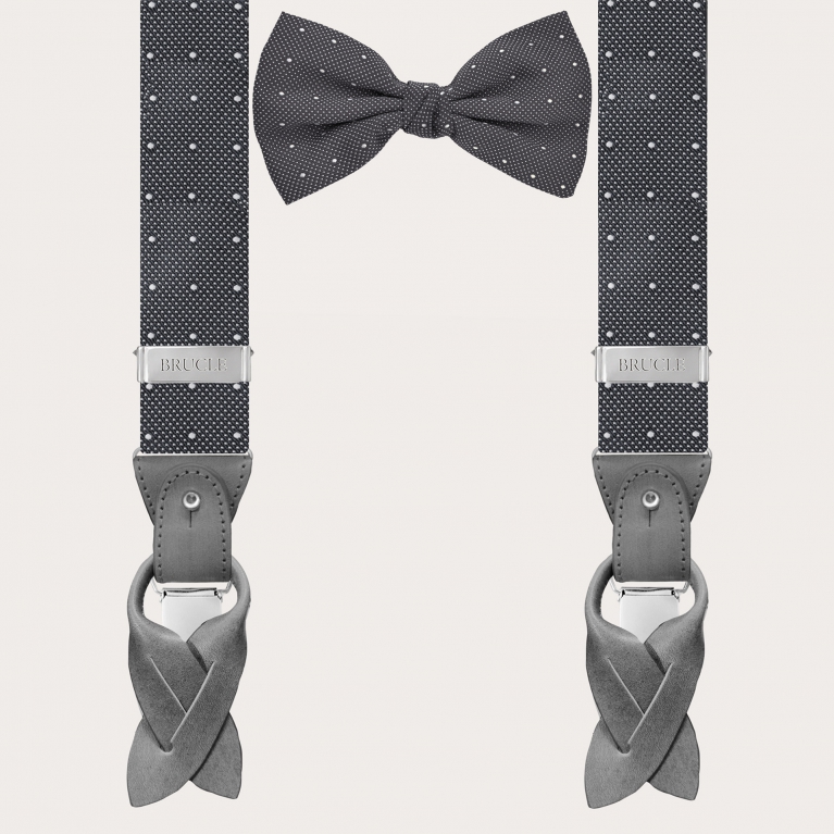Suspenders and bow tie set in grey dotted silk