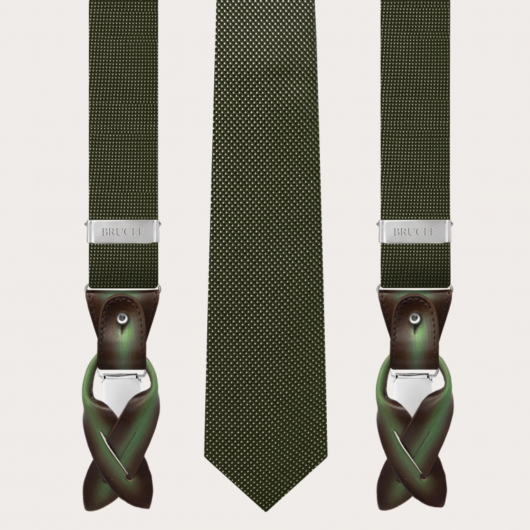 Conjunto de tirantes y corbata de seda verde con estampado de puntos