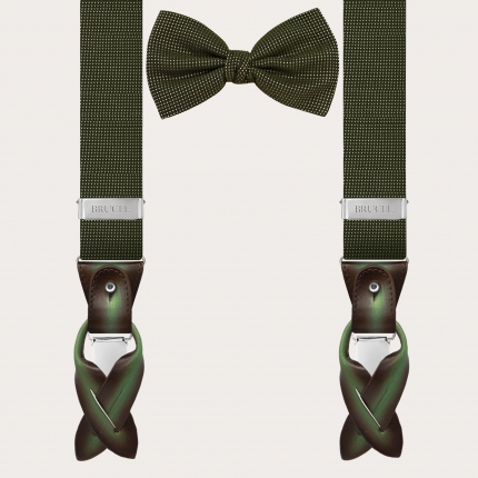 Suspenders and bow tie set in dotted pattern green silk