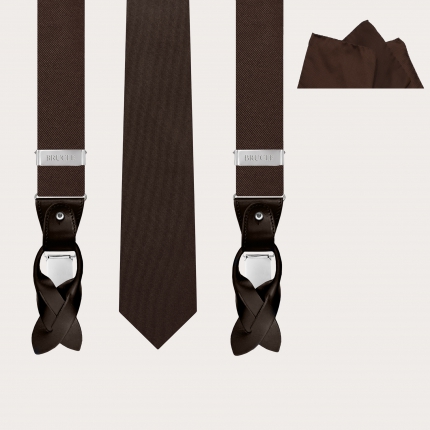 Elegante set di bretelle, cravatta e pochette in seta marrone