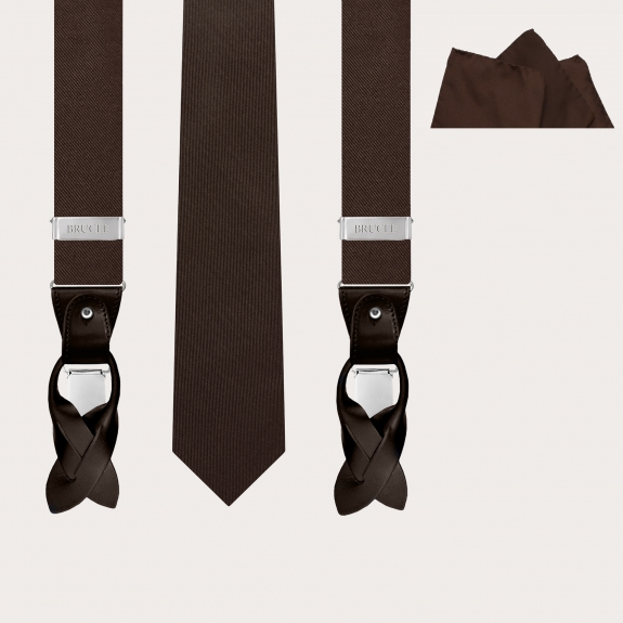 BRUCLE Elegante conjunto de tirantes, corbata y pañuelo de bolsillo en marrón
