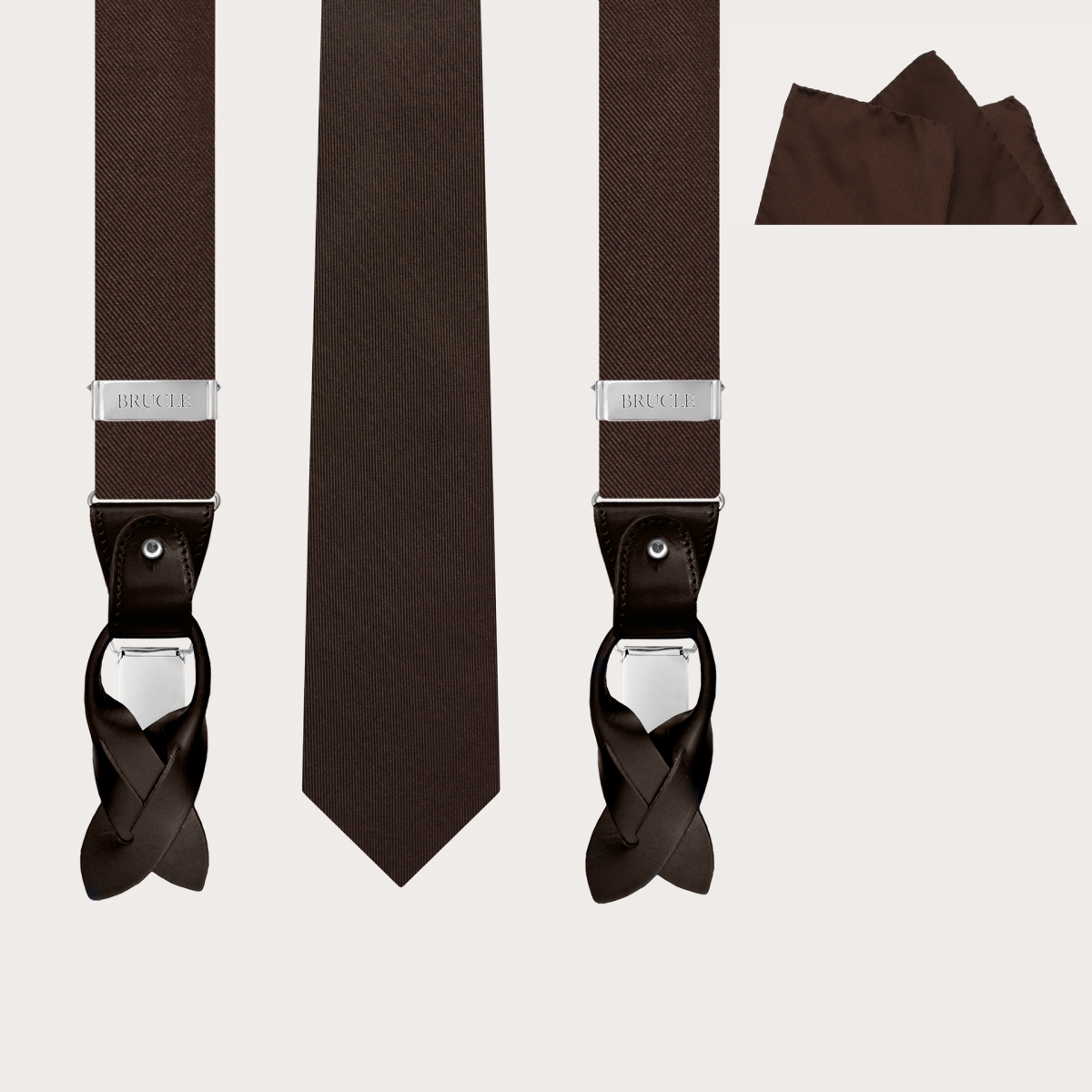 BRUCLE Elegantes Set aus Hosenträgern, Krawatte und Einstecktuch in Braun