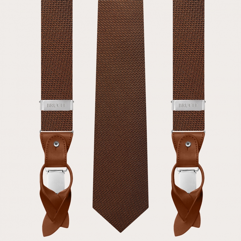 Bretelles larges et cravate coordonnées en soie grenadine bronze