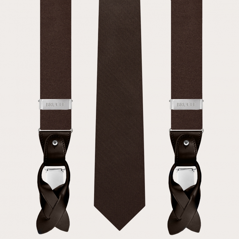 Elegant set of suspenders and necktie in brown silk