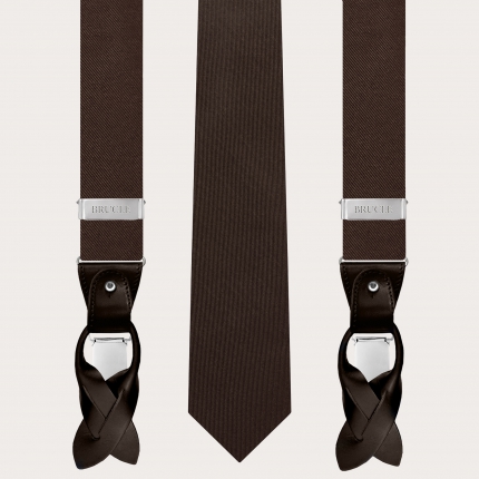 Elegante conjunto de tirantes y corbata en seda marrón