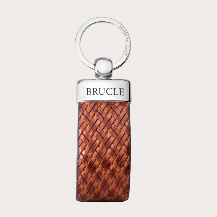 Porte-clés intrecciato en cuir véritable marron doré