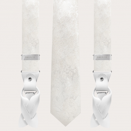 Set bretelle e cravatta in raffinata seta jacquard bianca