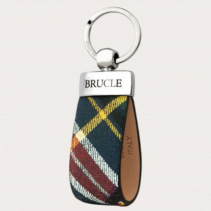 Keychain in genuine leather with green yellow tartan print