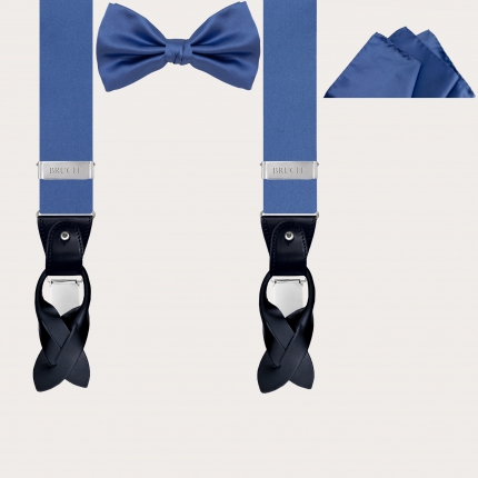 Elegant set of suspenders, bow tie and pocket square in light blue silk satin