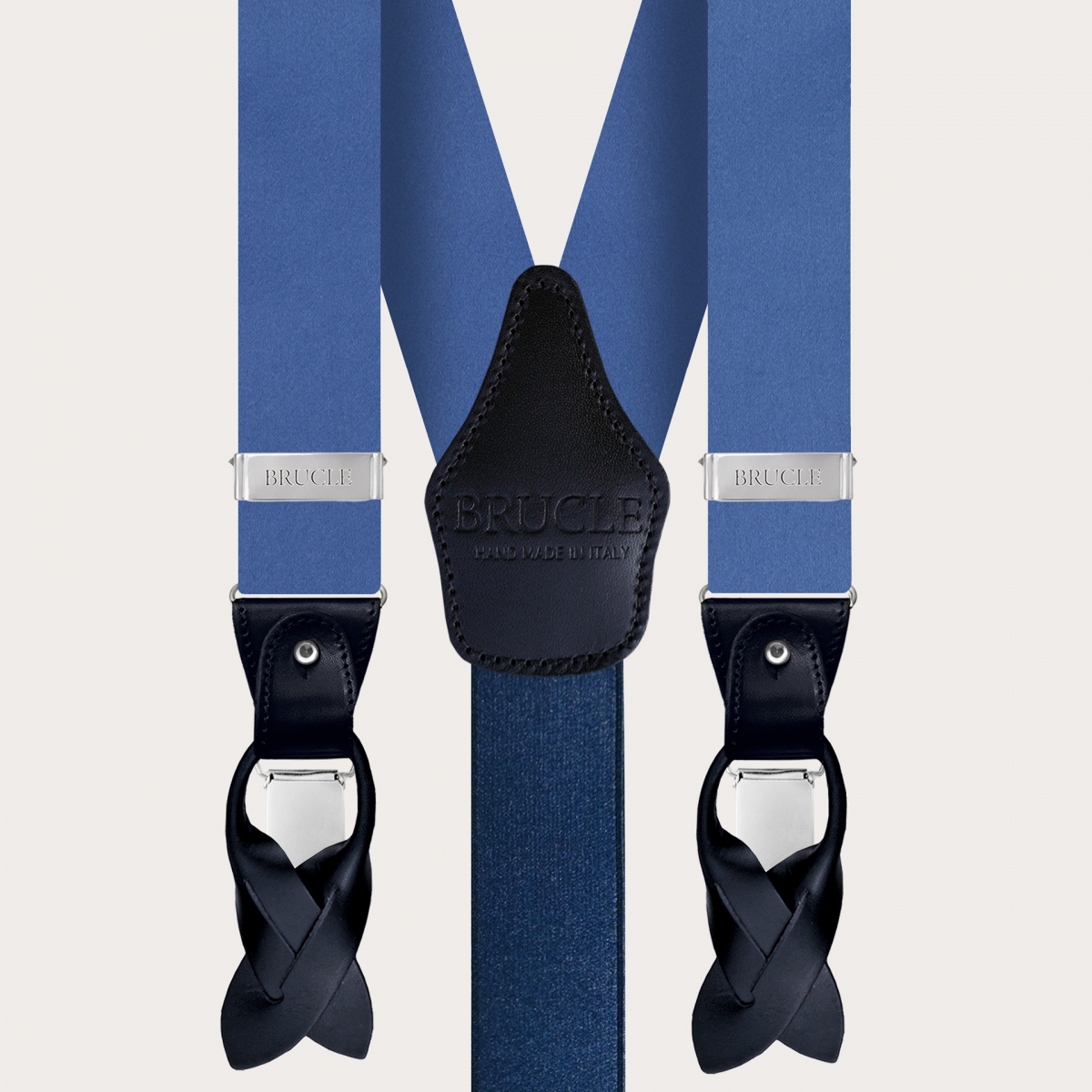 BRUCLE Elegante set di bretelle, papillon e pochette in raso di seta azzurro