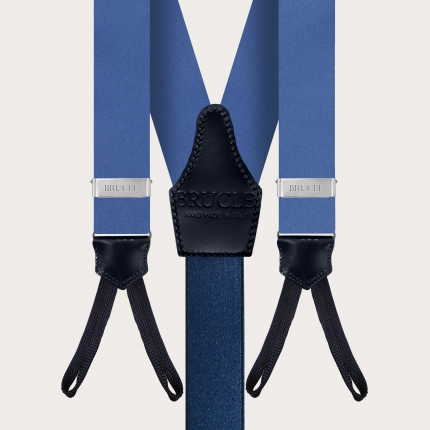 Elegante set di bretelle con asole, papillon e pochette in raso di seta azzurro