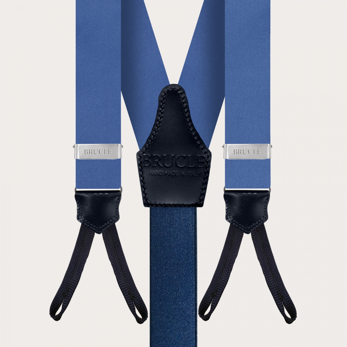 BRUCLE Elegantes Set aus Hosenträgern mit Knopflöchern, Fliege und Einstecktuch aus hellblauem Seidensatin