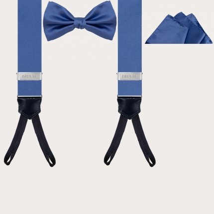 Elegant set of suspenders with buttonholes, bow tie and pocket square in light blue silk satin