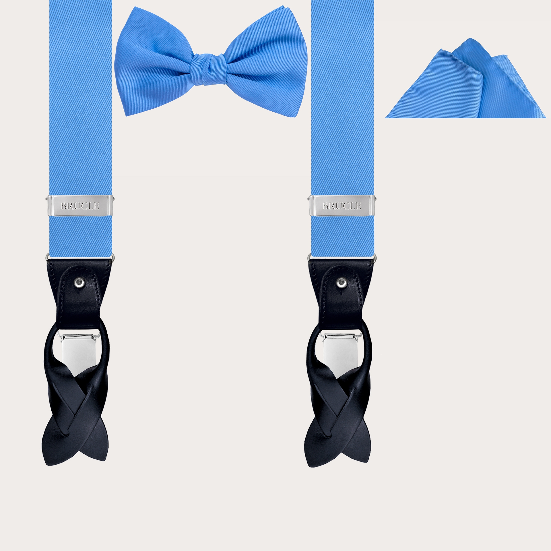 BRUCLE Elegante set di bretelle, papillon e pochette in seta azzurra